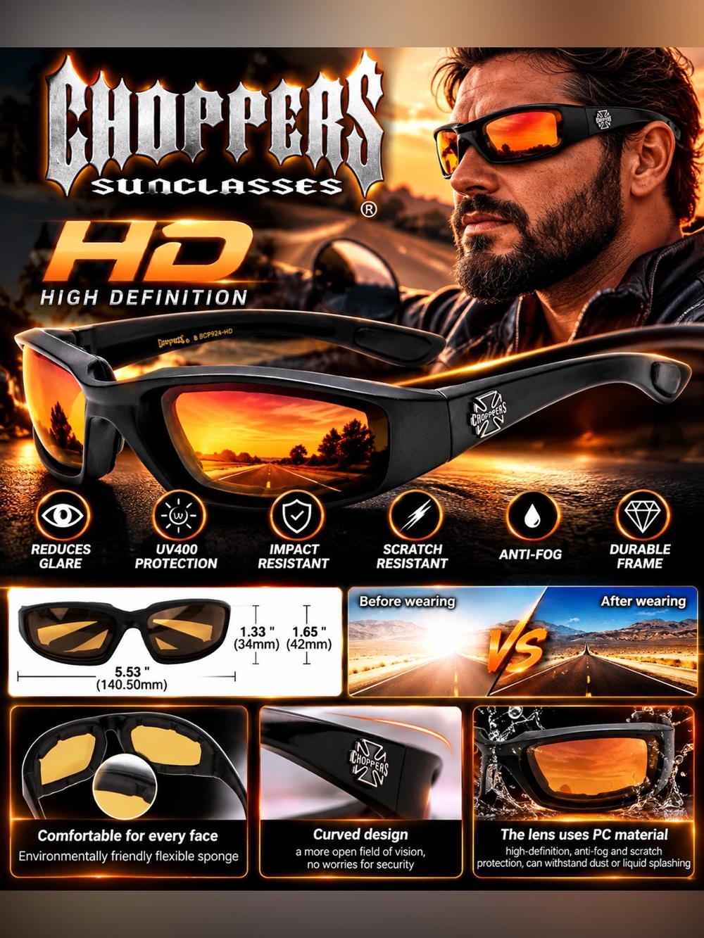 Choppers HD Padded Motorcycle Riding Sunglasses Wind Resistant Amber Lens